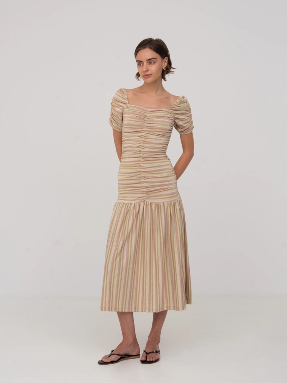 Carmen Says Sparkly Striped Ruched Puff-Sleeve Midi Dress in Neutral Stripe